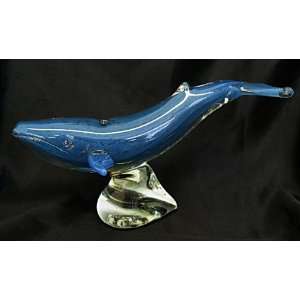  New Hand Blown Glass Blue Whale on Clear Stand Paperweight 