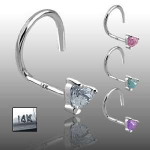  14K White Gold Nose Screw with Clear Heart Gem   20G 