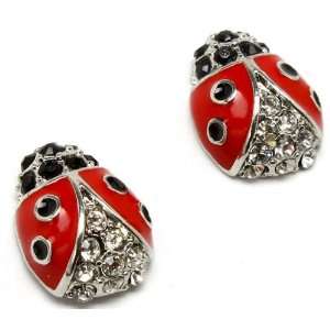 Precious Crystal Accented Small 1/2 Red and Black Enamel Ladybug Stud 