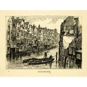 1877 Wood Engraving Art Dordrecht Holland Coastal Cityscape Boat 