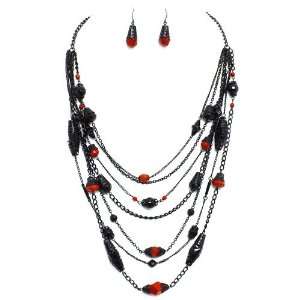Long Layered Necklace Set; 32L; Black; Black And Red Beads; Lobster 