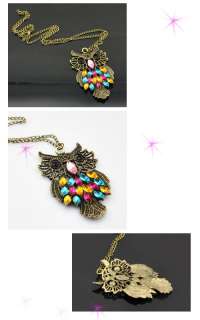 fashion Retro Owl Carved Chain Color Crystal Personality Girl Necklace 