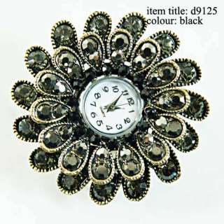 d9125 Lady Black Floral Zircon Gemstone Cocktail Adjustable Watch Ring 