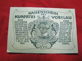 VINTAGE AUSTRIA 10 ZEHN HELLER KASSENSCHEIN VOSLAU 1920  