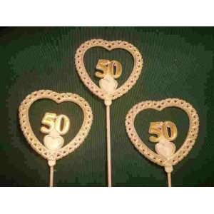  12 Pieces 50th Anniversary Plastic Heart Picks Decorations 