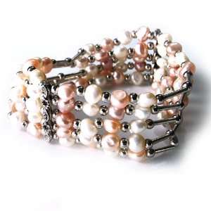  Five Layer White & Pink Freshwater Cultured Pearl Silver 