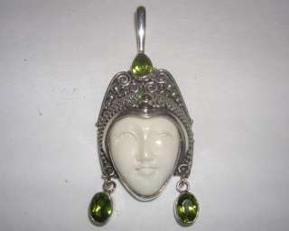 Sterling Silver Carved GODDESS Face PERIDOT Gemstone Filigree Necklace 
