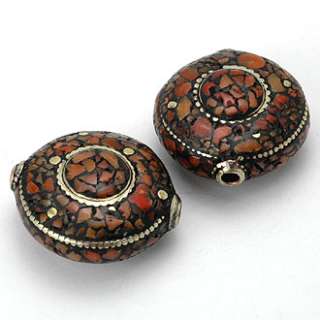 HIZE TBE17 CORAL INLAID BRASS TIBETAN 2 FOCAL COIN Beads 24mm  