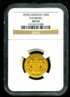 1878 J GERMANY HAMBURG GOLD COIN 20 MARK * NGC CERTIFIED GENUINE 