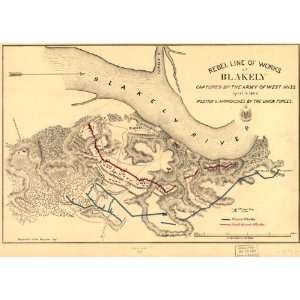  Civil War Map Rebel line of works at Blakely captured by 