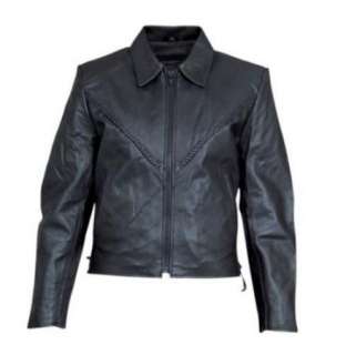Ladies Womens Black Braided Leather Motorcycle Biker Jacket With Side 