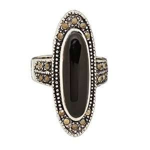   Genuine Onyx and Marcasite Statement Ring in Rhodium Size 9 Jewelry