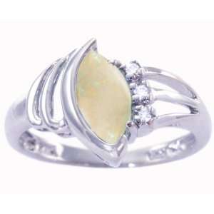  14K White Gold Marquis Gemstone and Diamond Ring Opal 