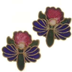 Blue Orchid Cloisonne Earrings   15x15mm   Post and Friction Back 