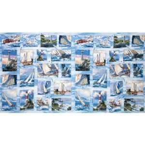  44 Wide Wind & Waves Sail Boat Panel Blue Fabric By The 