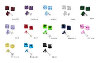   Square CZ Stud Earrings 3 4 5 6 7 8 mm All Birthstones Avail.  