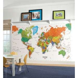New WORLD MAP PREPASTED WALLPAPER MURAL Kids Room Decor Classroom 