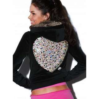 Victorias Secret PINK Velour faux fur Sequin Heart hoodie sz XS 