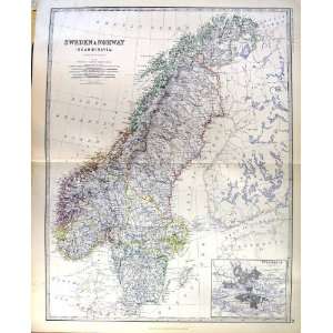 JOHNSTON ANTIQUE MAP 1883 SWEDEN NORWAY SCANDINAVIA STOCKHOLM GOTHLAND 