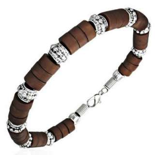 URBAN MALE SURF STYLE BEAD AND STEEL BRACELET   BLACK OR BROWN NEW 