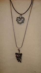   GRETEL 2 Necklaces in 1 Silver/ Wood Leaf Vine & Heart W/Crystals NWT