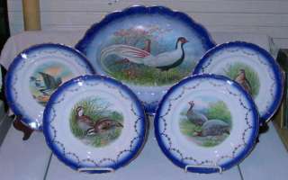 Flow Blue Platter & 4 Game Hunting Plates Pheasant Goose Turkey LA 
