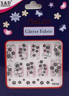 50 Black Flower Glitter Fabric Nail Art Sticker J0432 8  