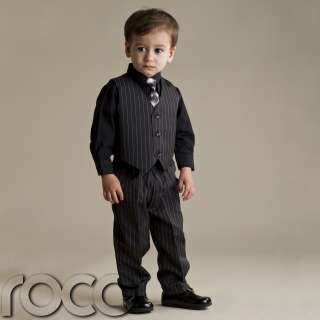 Baby Boys Waistcoat Suit Black Pinstripe 4 Pc Suit Boys Wedding Suit 