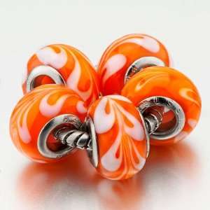  5 Orange Pattern Murano Glass Beads Fit Pandora Charms 