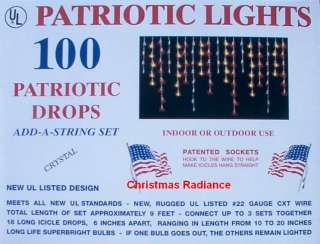 NEW 100 Patriotic Red White & Blue Icicle Lights  