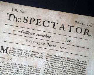 Rare & Early 1714 ANTIQUE Spectator British Newspaper by Famed ADDISON 