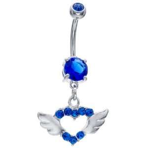  Sapphire Blue Hearts Aflutter CZ Dangle Belly Button Navel 