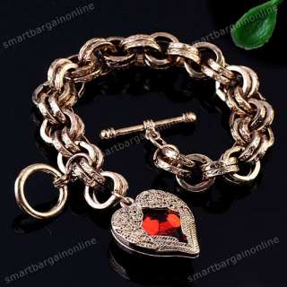 1x Gold Tone Angel Wing Resin Red Heart Toggle Bracelet Rolo Chain 