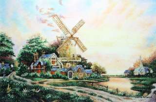 INLAID GEMS ARTWORK PICTURE OF A COTTAGE WITH WINDMILL  