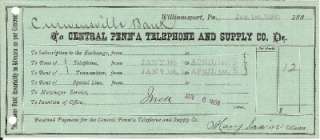 1888 Receipt Central Penna Telephone Williamsport, Pa.  