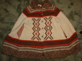 VTG ETHNIC M Indian head buttons chief Navajo poncho cape  