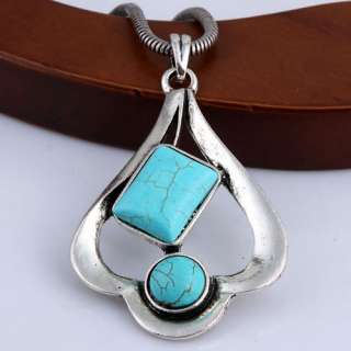 Tibet silver chunky howlite turquoise teardrop dangle chain necklace 