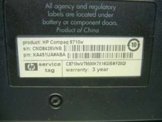 Hp Compaq 8710w Laptop Core 2 Duo 2.60Ghz 2GB Ram No Hard Drive  