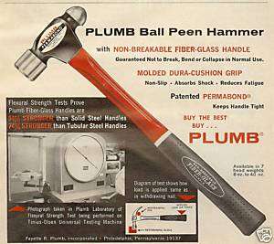 1965 vintage PLUMB Ball Peen Hammer AD print~60s TOOL  