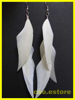 Hand made Natural 3 Tiers White Feather Dangle Earrings (5927E 09W 