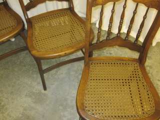 Antique Set of 6 Dark Walnut Dining Chairs w Cane Seats & Spindles 