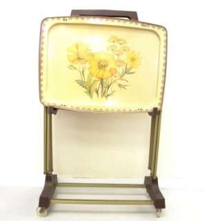 Shabby Chic Vtg 70s 60s Yellow Flowers 3 TV Trays Set & Wheeled Stand 