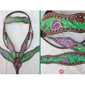  Western Leather Tack Hand Tooled Painted Bridle Headstall 