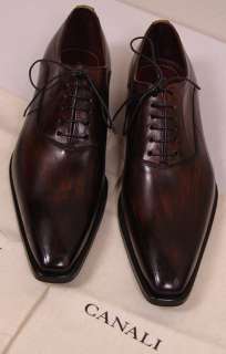 CANALI SHOES $745 DARK BROWN ANTIQUED PATINA DOT ORNAMENTED OXFORD 10 