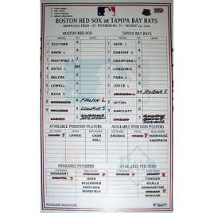  Red Sox at Rays 8 29 2010 Game Used Lineup Card (MLB Auth 