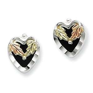  Sterling Silver & 12K Heart Onyx Post Earrings Jewelry