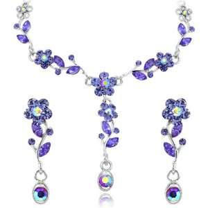 Amethyst Purple Flower Petal Crystal Rhinestone Silver Necklace And 