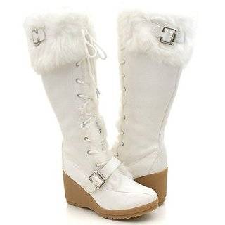  White Furry Wedge Winter Knee Boots Women   Vegan Friendly 