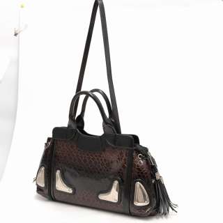 Women snake skin embossed satchel bag handbag black  