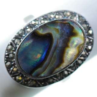 Vintage Sterling Silver   Marcasite Abalone Oval Cocktail   Ring (8 